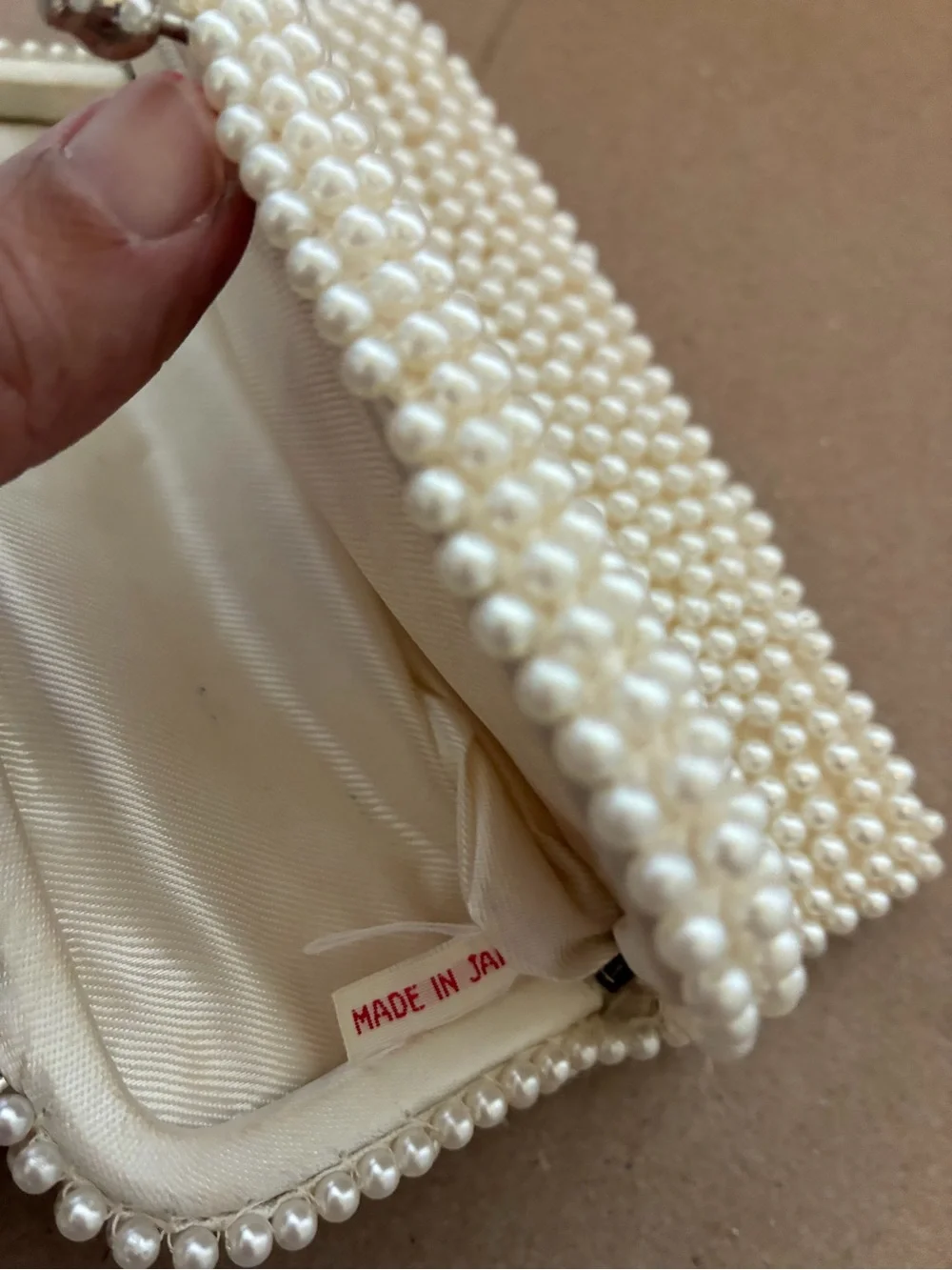Vintage Pearl Beaded Clutch with Black Wave Trim